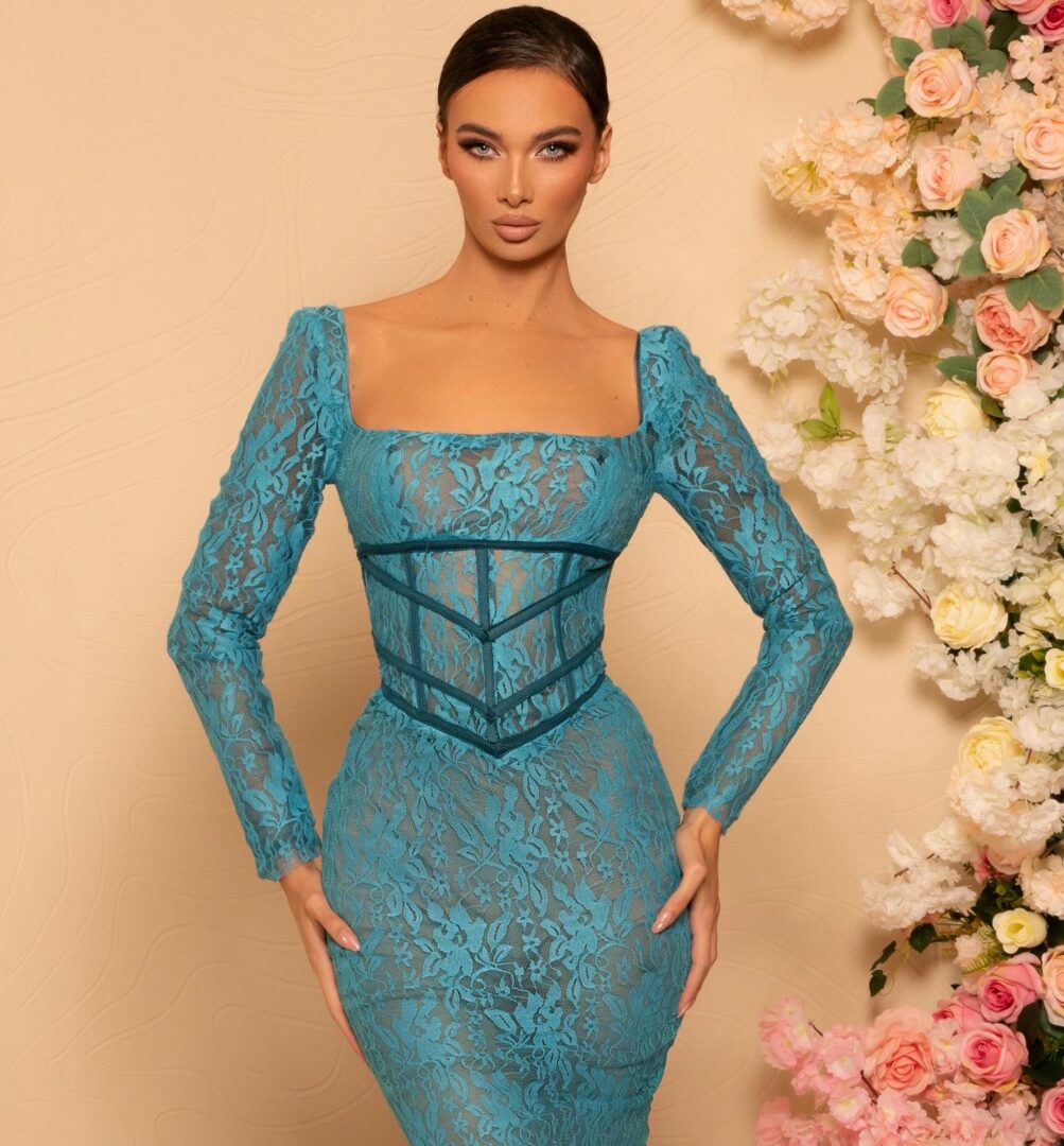 french blue lace dress Bluebelle Lace Long Sleeve Dress – Monique Lhuillier main image 0
